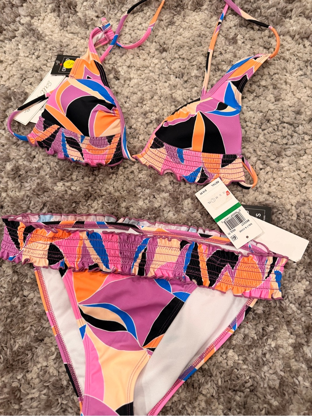 Macy's Pink Orange Blue Abstract Ruffle Bikini Set